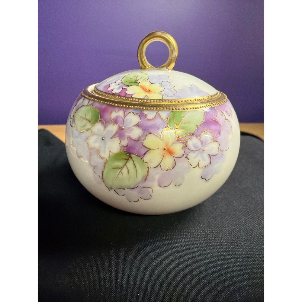 Antique Hand Painted Nippon Porcelain Floral Trinket Powder Jar